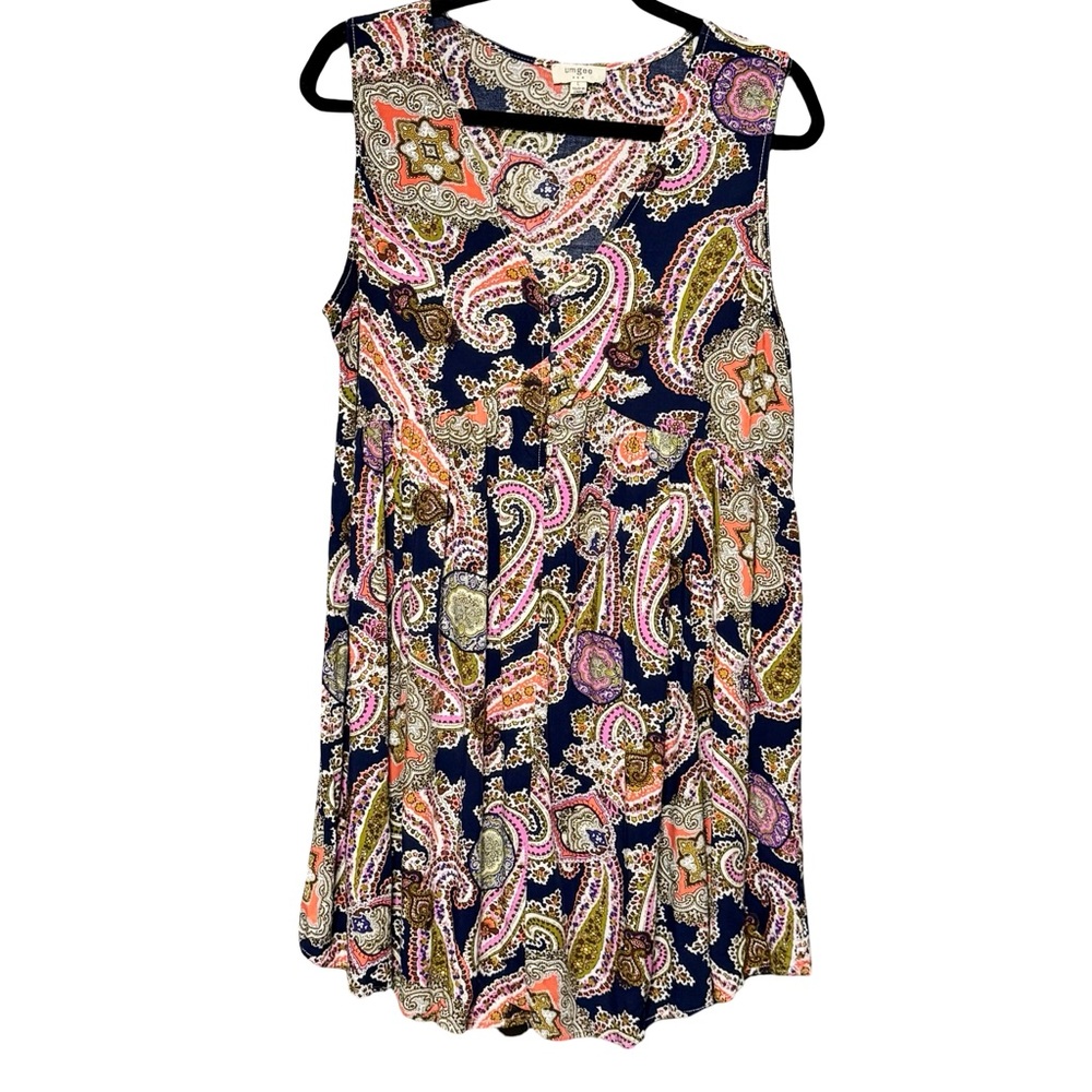 Umgee Paisley Floral Boho Print Sleeveless V-neckline Button Detail Dress Large